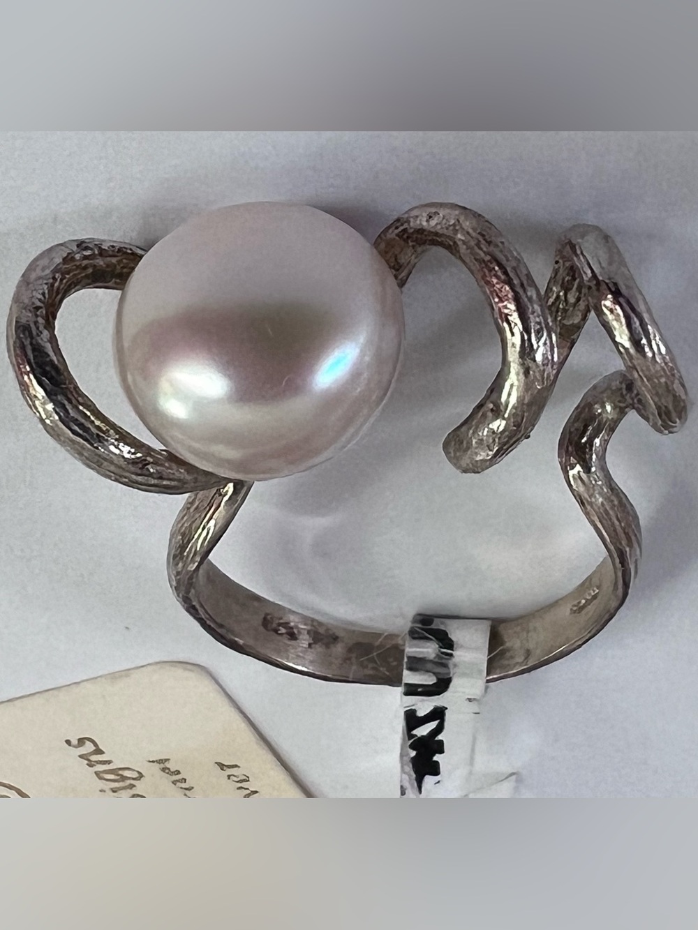 7.75 Ring Israel Avi & Avi pearl 926 Sterling Silver vintage 90s mod twist art